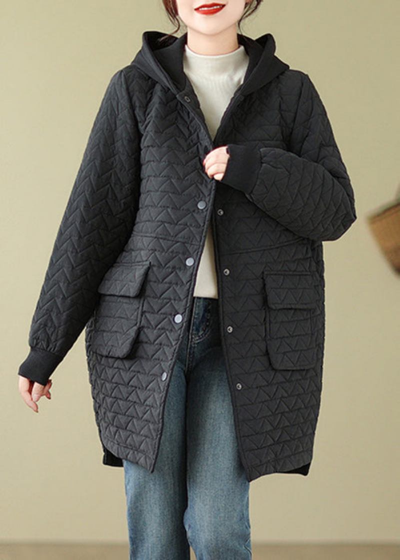 Schwarzer Knopf Patchwork Baumwollgefüllter Parka Mit Kapuze - Damen-Daunenjacken