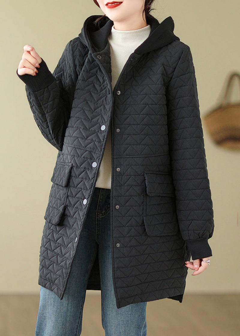 Schwarzer Knopf Patchwork Baumwollgefüllter Parka Mit Kapuze - Damen-Daunenjacken