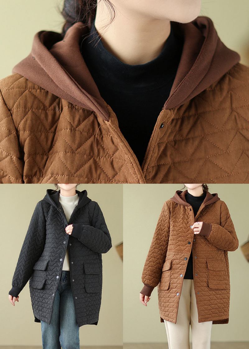 Schwarzer Knopf Patchwork Baumwollgefüllter Parka Mit Kapuze - Damen-Daunenjacken