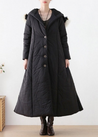 Schwarzer Langer Winterparka Mit Knopfleiste Und Kapuze Im Bohemian-stil