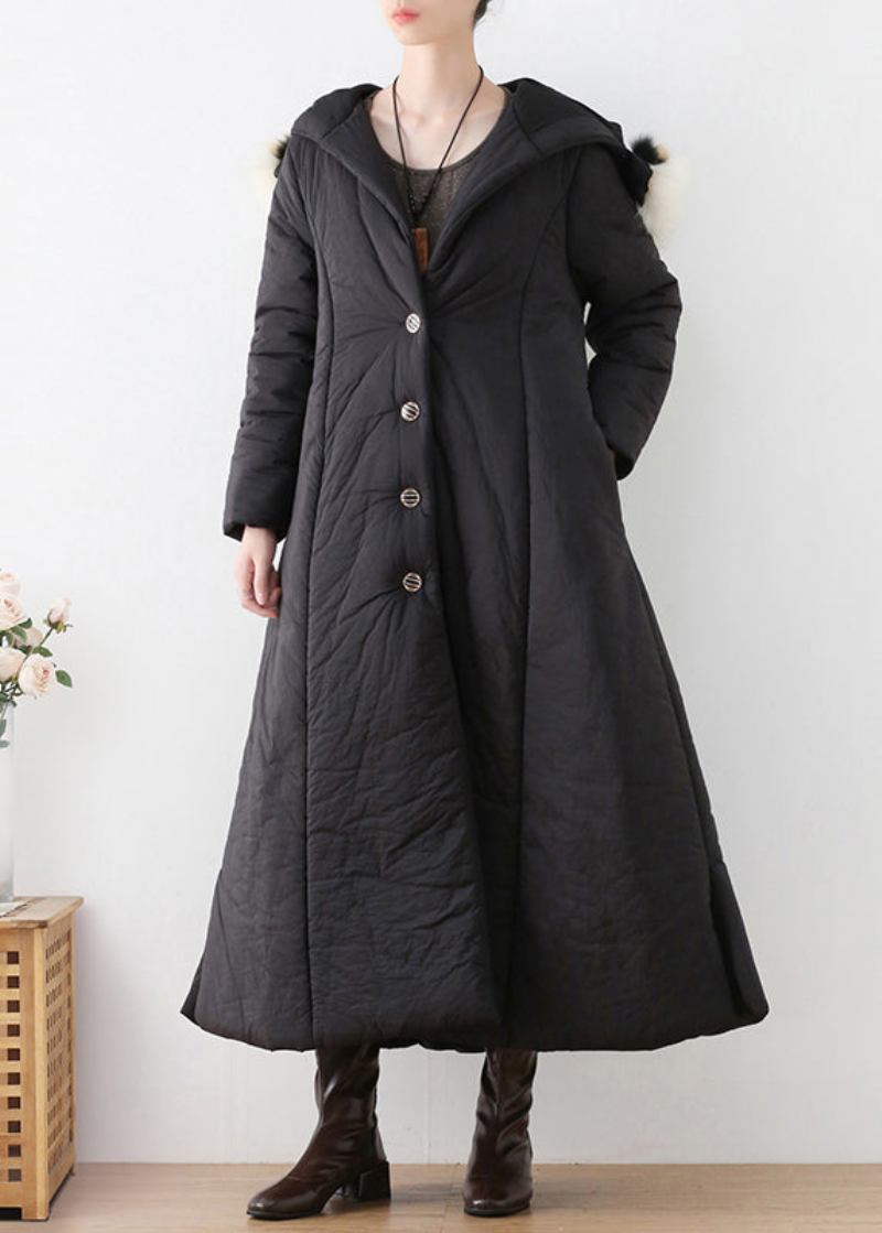 Schwarzer Langer Winterparka Mit Knopfleiste Und Kapuze Im Bohemian-stil - Schwarz