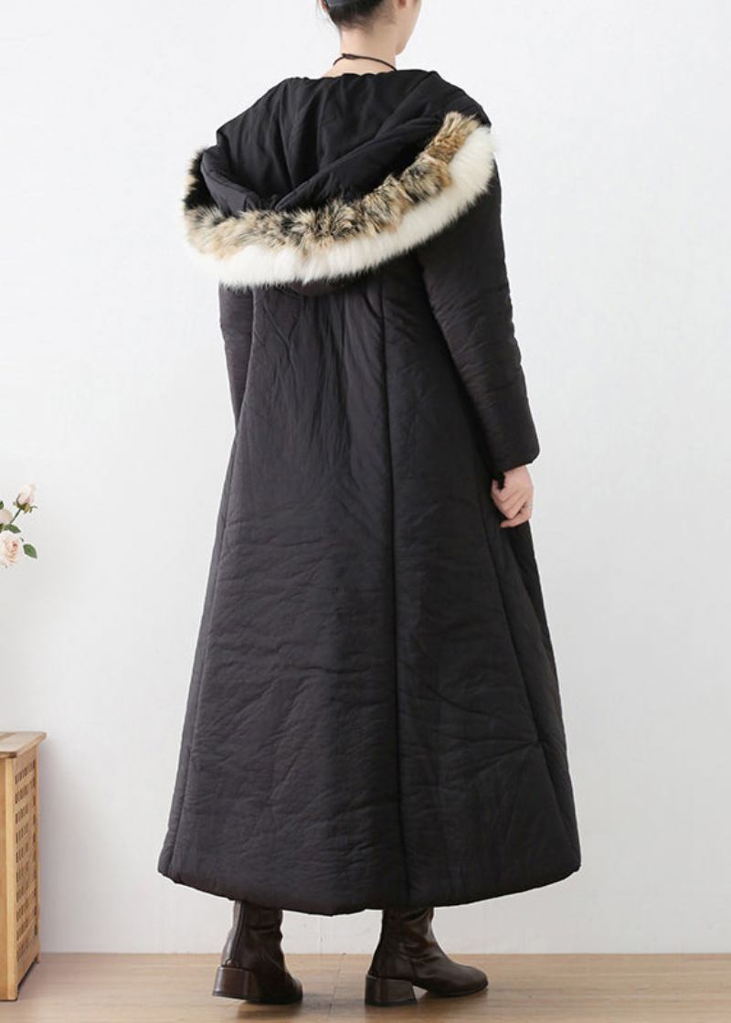 Schwarzer Langer Winterparka Mit Knopfleiste Und Kapuze Im Bohemian-stil - Schwarz