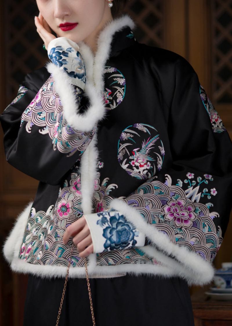 Schwarzer Parka Aus Seide Mit Stehkragen Und Blumenstickerei Im Vintage-stil Lange Ärmel - Damen-Daunenjacken