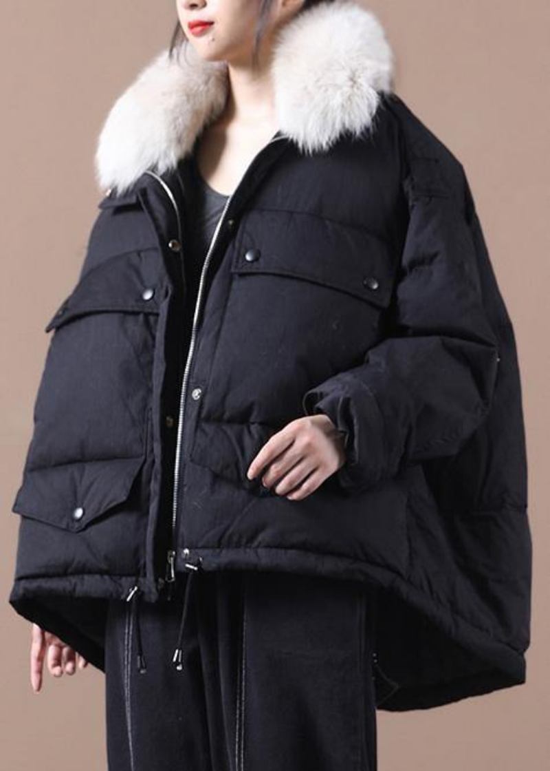 Schwarzer Warmer Wintermantel Für Damen In Übergröße Parka Mit Kunstpelzkragen Und Kordelzug Elegante Mäntel