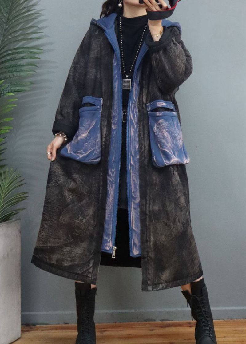 Schwarzer Winterparka Mit Patchwork-muster Und Reißverschluss Und Feiner Baumwolle - Blau