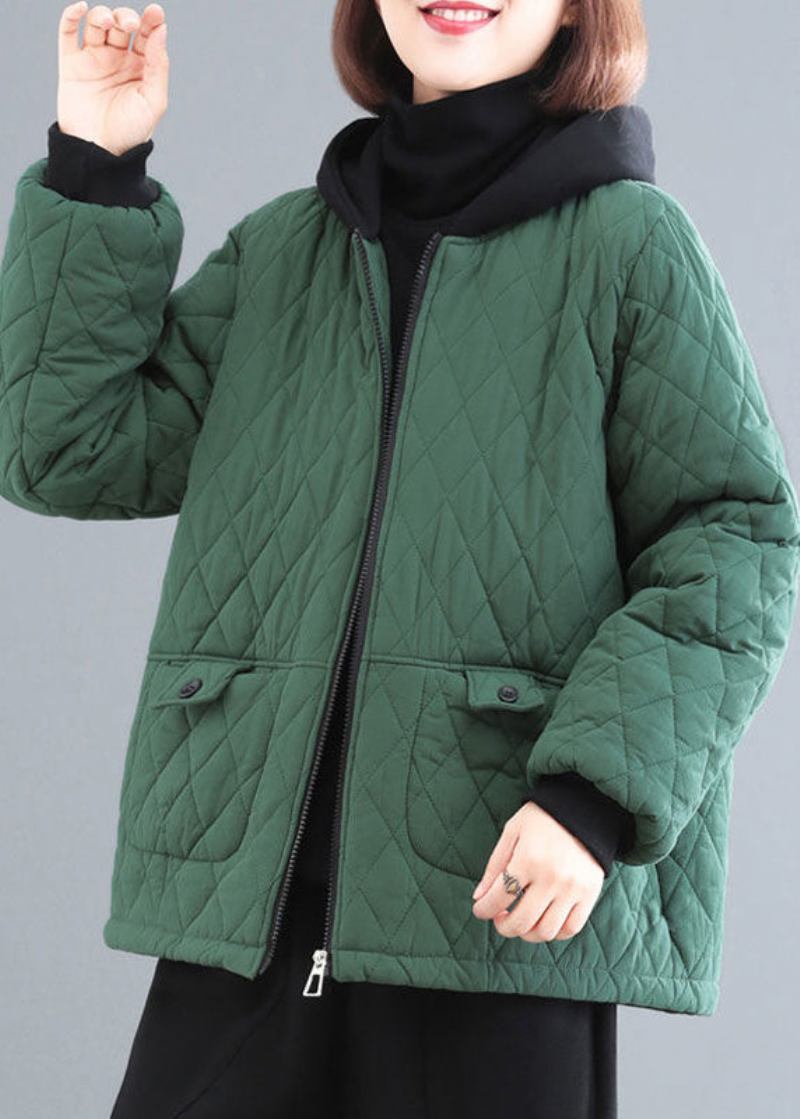 Schwarzgrün Patchwork Feine Baumwolle Gefüllt Parka Mit Kapuze Taschen Winter