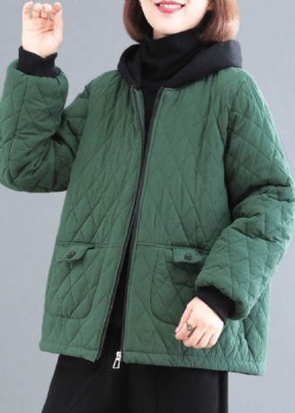 Schwarzgrün Patchwork Feine Baumwolle Gefüllt Parka Mit Kapuze Taschen Winter