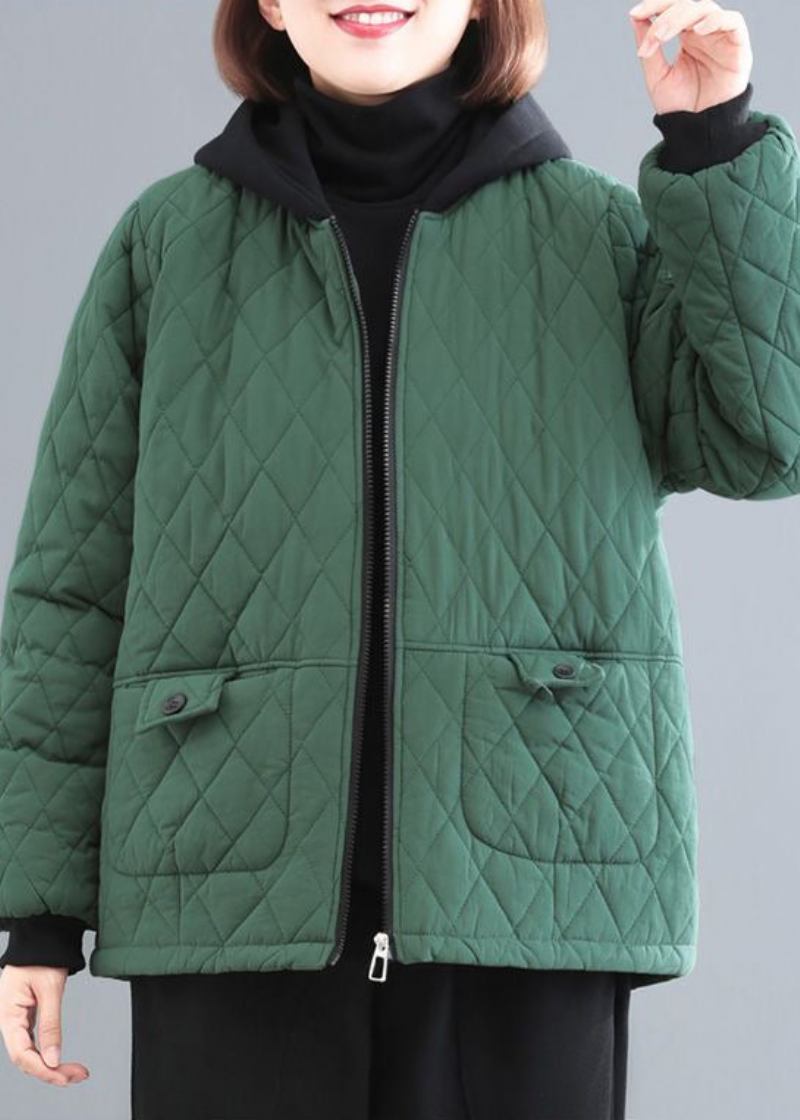 Schwarzgrün Patchwork Feine Baumwolle Gefüllt Parka Mit Kapuze Taschen Winter - Damen-Daunenjacken