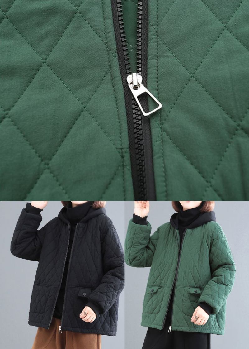 Schwarzgrün Patchwork Feine Baumwolle Gefüllt Parka Mit Kapuze Taschen Winter - Damen-Daunenjacken