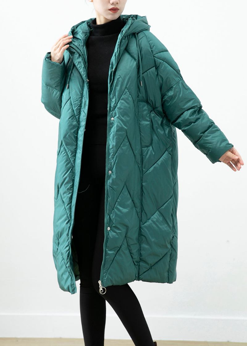 Schwarzgrüne Übergroße Winterjacke Mit Kapuzentaschen Und Feiner Baumwollfüllung