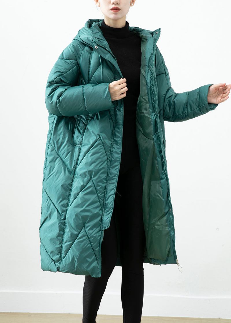 Schwarzgrüne Übergroße Winterjacke Mit Kapuzentaschen Und Feiner Baumwollfüllung - Damen-Daunenjacken