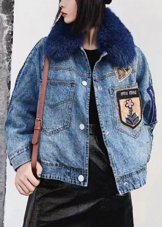 Stil Blauer Peter-pan-kragen Aus Denim Mit Patchwork Und Feiner Baumwolle Für Den Winter