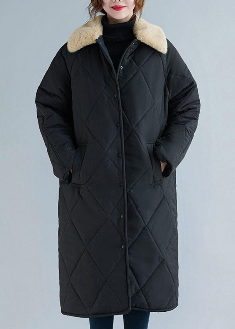 Stil: Schwarzer Dicker Winterparka Mit Feiner Baumwollfüllung Und Pelzkragen - Damen-Daunenjacken