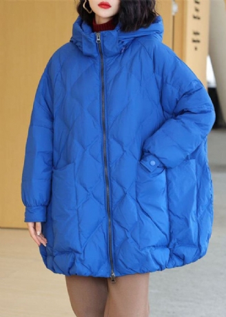 Stilvolle Blaue Übergroße Pufferjacke Aus Entendaunen Mit Kapuze Für Den Winter