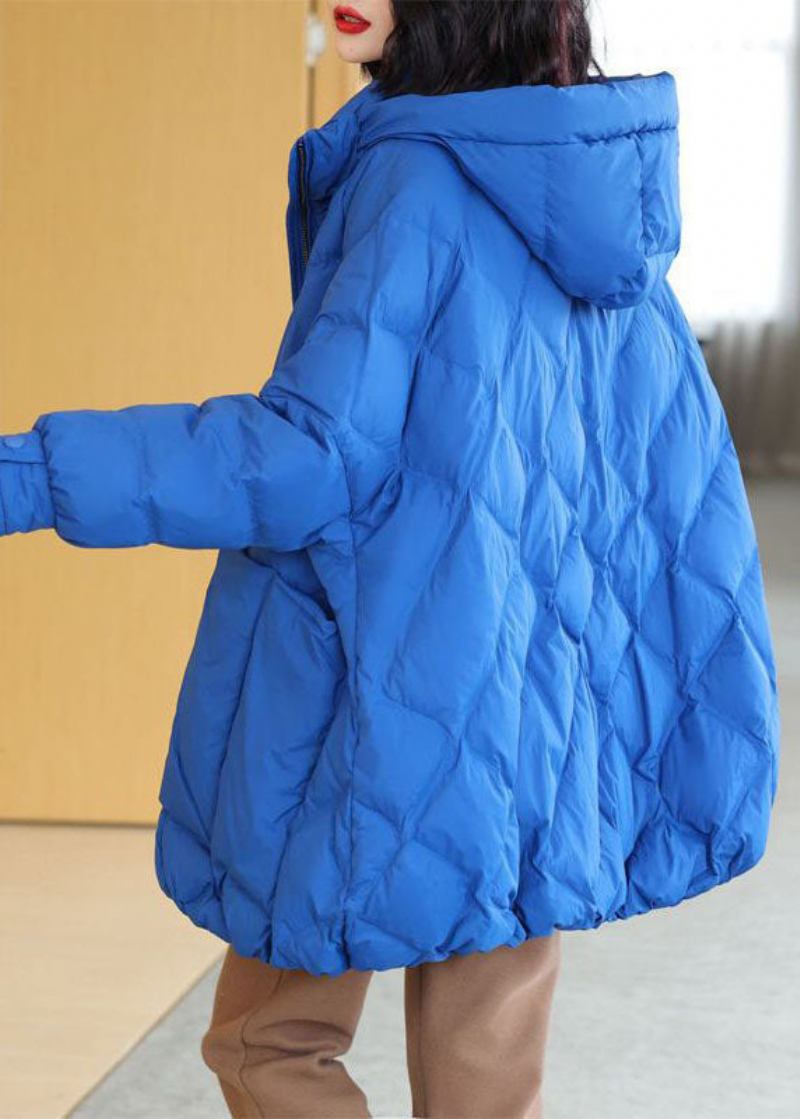 Stilvolle Blaue Übergroße Pufferjacke Aus Entendaunen Mit Kapuze Für Den Winter - Damen-Daunenjacken