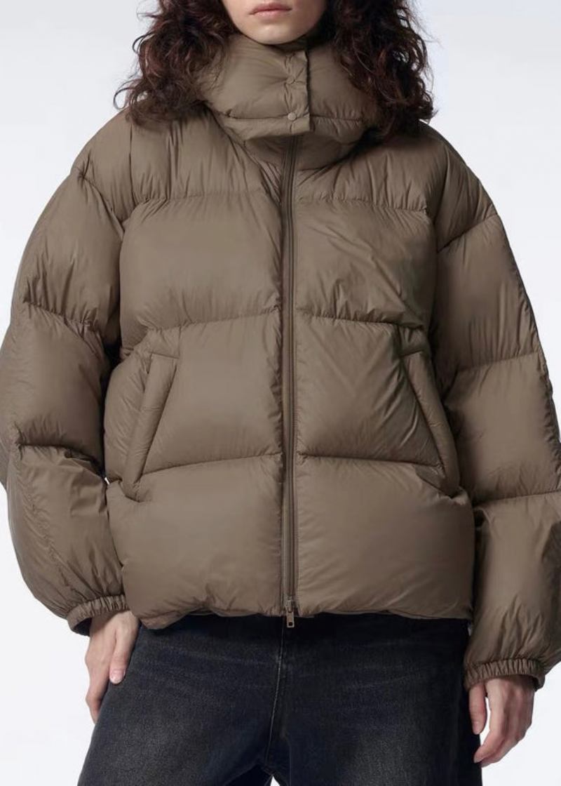 Stilvolle Braune Entendaunen-pufferjacke Mit Kapuze Und Reißverschluss Für Den Winter