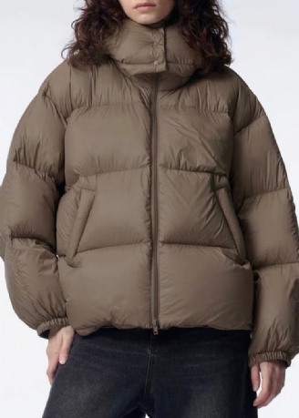 Stilvolle Braune Entendaunen-pufferjacke Mit Kapuze Und Reißverschluss Für Den Winter