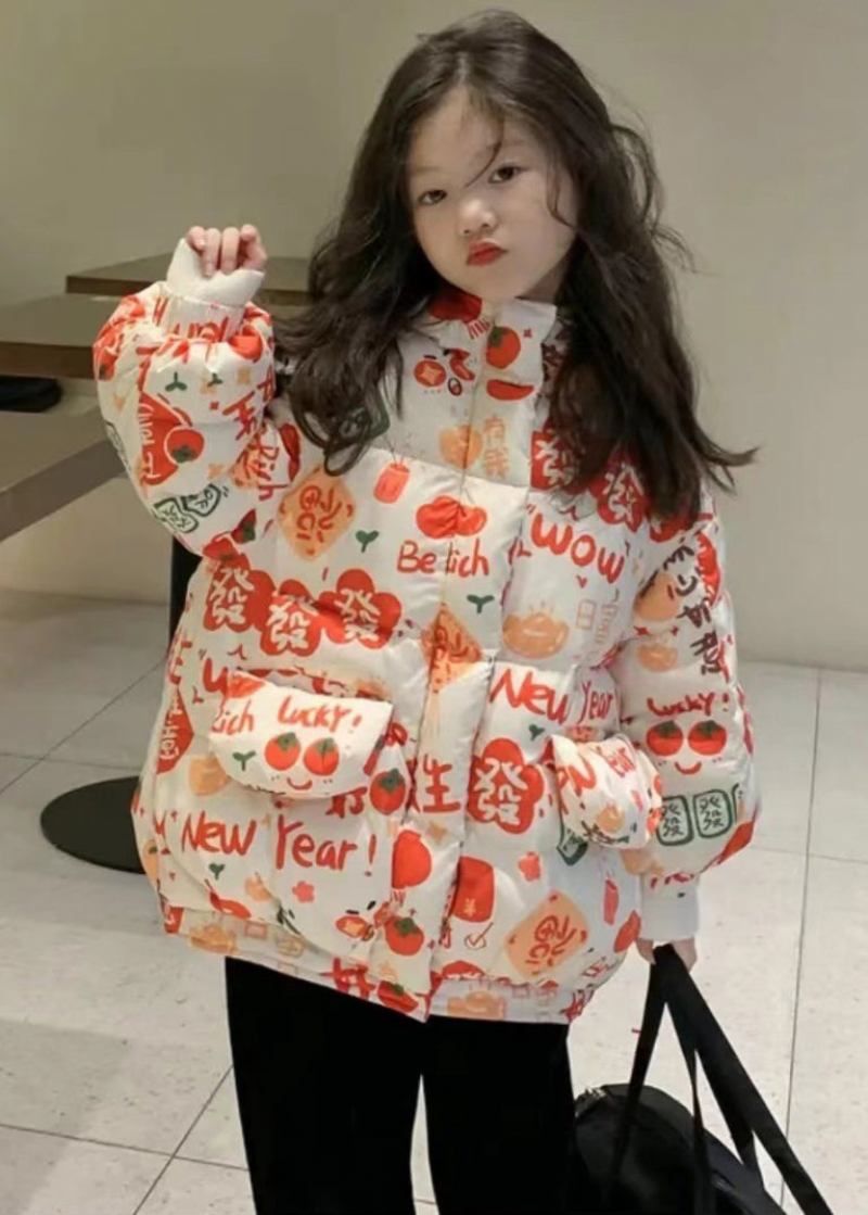 Stilvolle Orange Mit Kapuze Print Taschen Baumwolle Gefüllt Mädchen Parka Winter - Damen-Daunenjacken