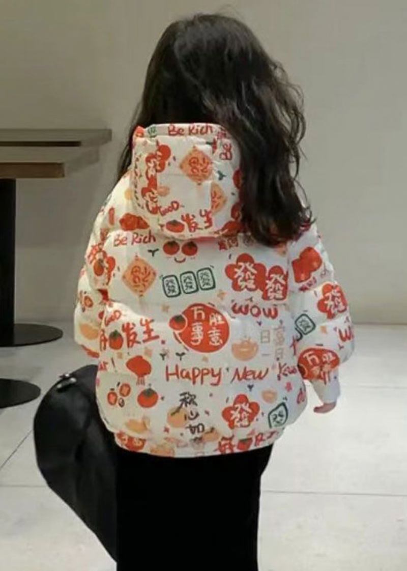 Stilvolle Orange Mit Kapuze Print Taschen Baumwolle Gefüllt Mädchen Parka Winter - Damen-Daunenjacken