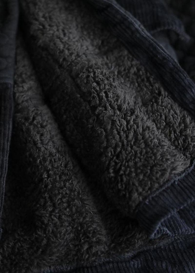 Stilvolle Schwarze Warme Fleece-kapuzenmäntel Mit Patchwork-taschen Für Den Herbst - Damen-Daunenjacken