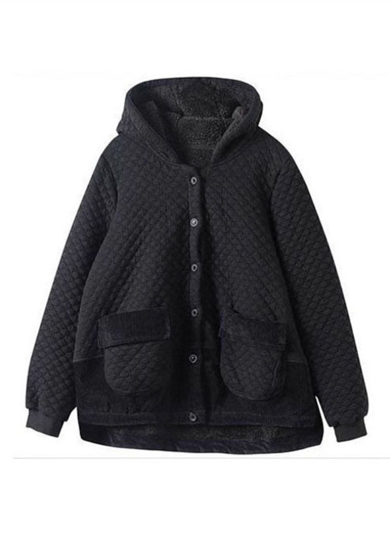 Stilvolle Schwarze Warme Fleece-kapuzenmäntel Mit Patchwork-taschen Für Den Herbst - Damen-Daunenjacken