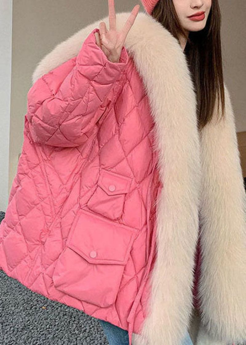 Stilvolle Steppjacke Aus Feiner Baumwollfüllung Mit Matrosenkragen Und Taschen In Pink Aus Fuchshaar Für Den Winter