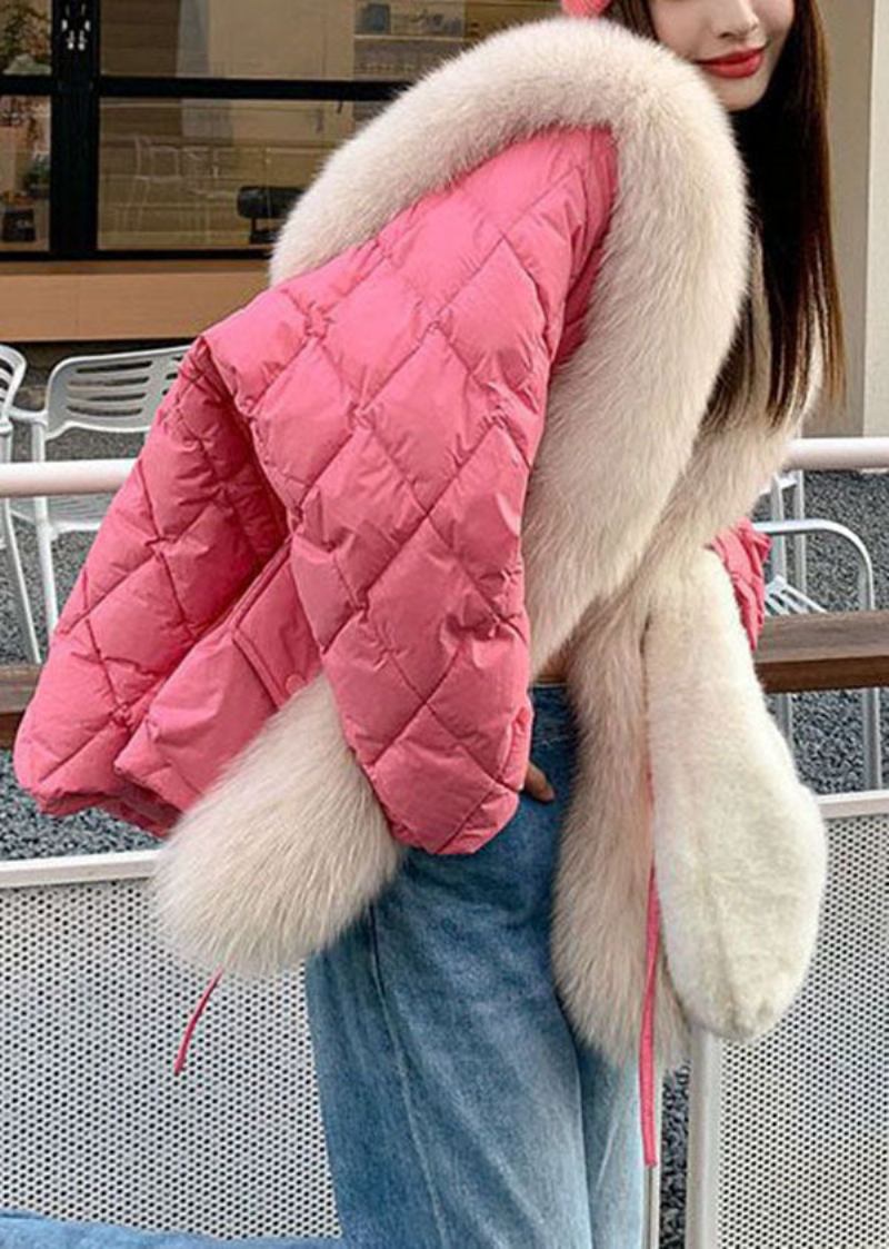 Stilvolle Steppjacke Aus Feiner Baumwollfüllung Mit Matrosenkragen Und Taschen In Pink Aus Fuchshaar Für Den Winter - Damen-Daunenjacken