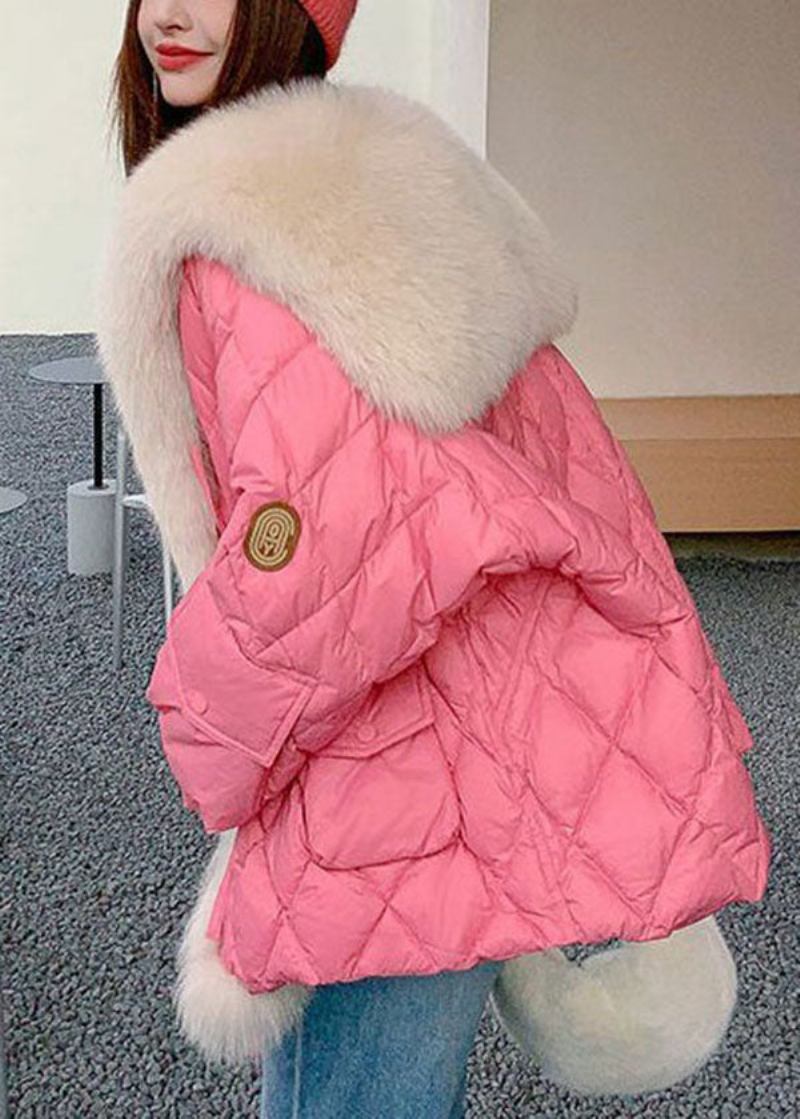 Stilvolle Steppjacke Aus Feiner Baumwollfüllung Mit Matrosenkragen Und Taschen In Pink Aus Fuchshaar Für Den Winter - Damen-Daunenjacken