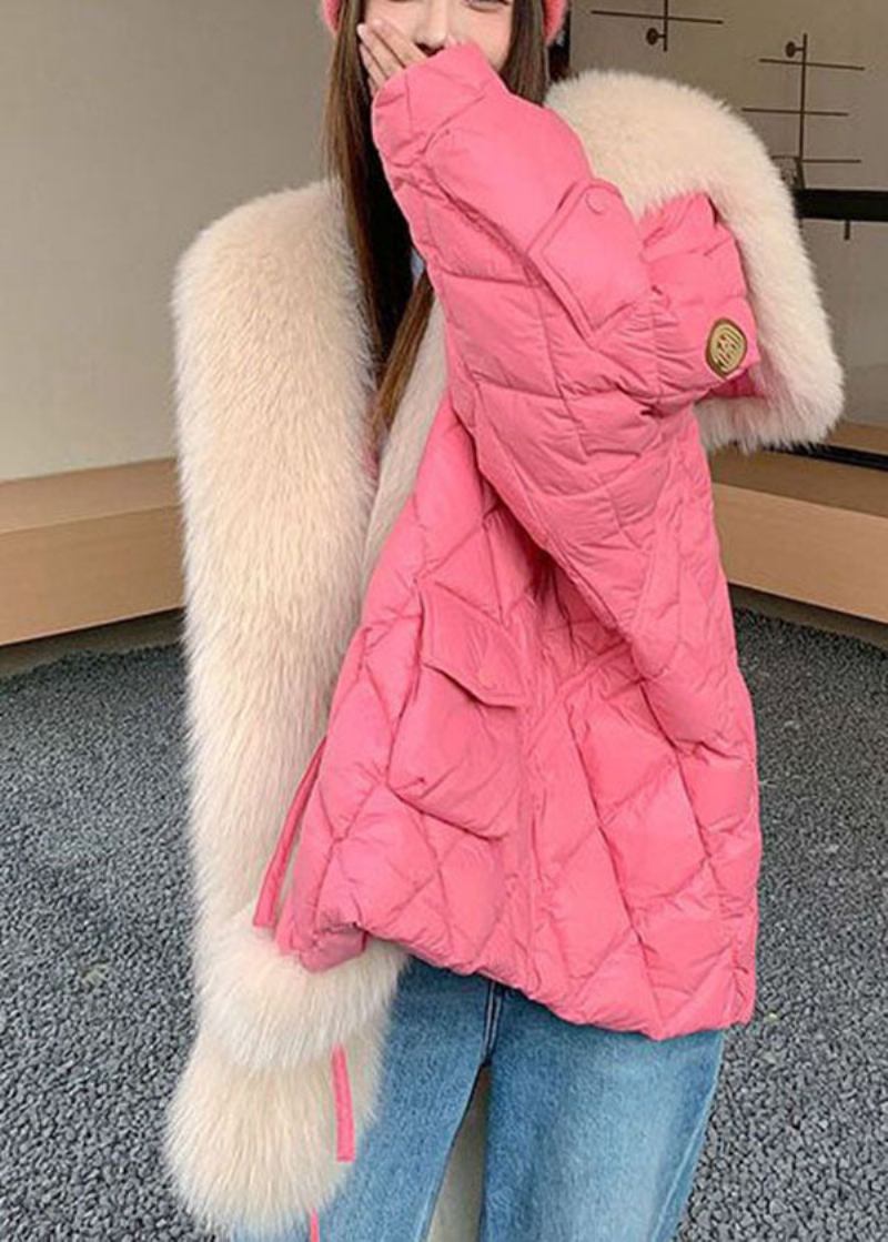 Stilvolle Steppjacke Aus Feiner Baumwollfüllung Mit Matrosenkragen Und Taschen In Pink Aus Fuchshaar Für Den Winter - Damen-Daunenjacken