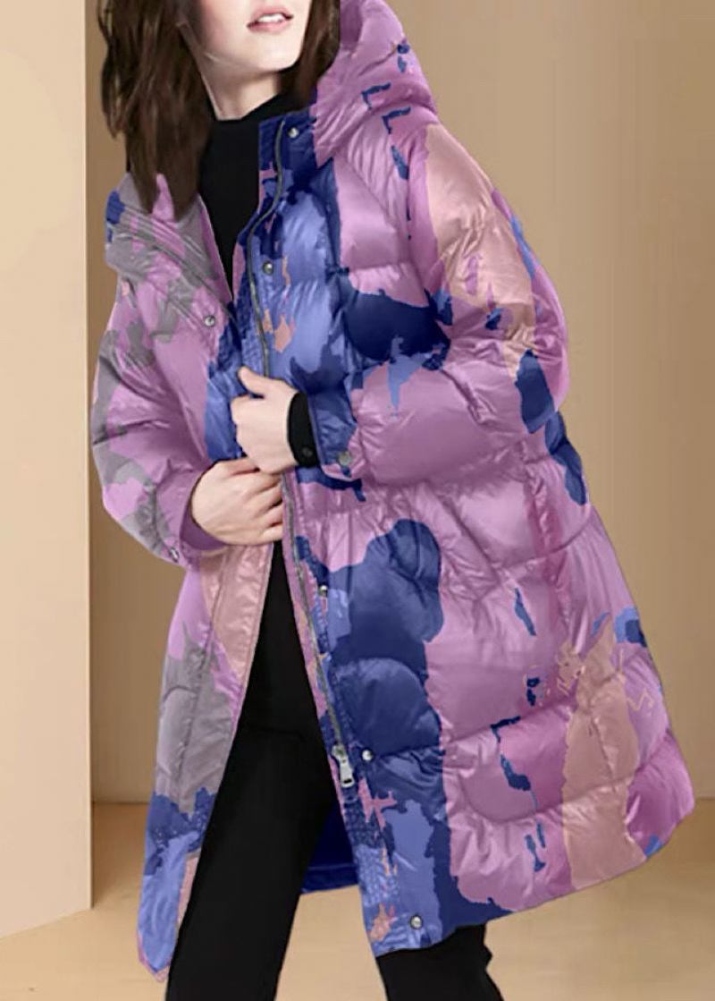 Stilvolle Violette Pufferjacke Mit Dicker Entendaunenjacke Mit Kapuze Und Druck Für Den Winter