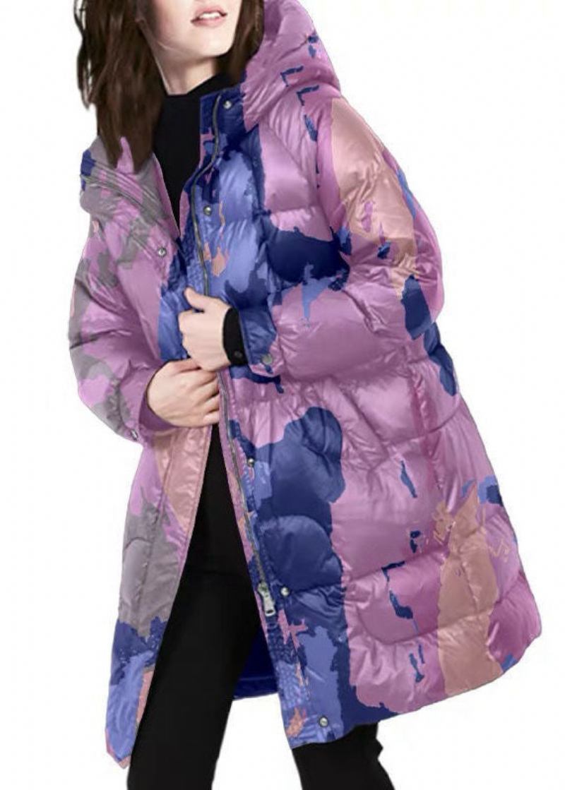 Stilvolle Violette Pufferjacke Mit Dicker Entendaunenjacke Mit Kapuze Und Druck Für Den Winter - Damen-Daunenjacken