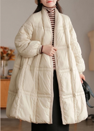 Stilvolle Winterjacke Aus Dicker Entendaunenjacke Mit Taschen Und Stehkragen In Beige