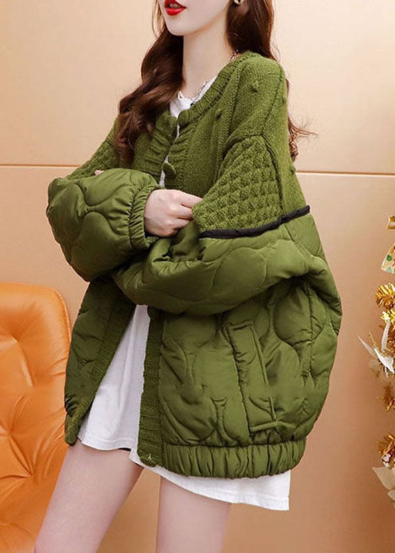 Stilvoller Übergroßer Grüner Mit Baumwolle Gefüllter Patchwork-strick-cardigan Für Den Winter - Damen-Daunenjacken