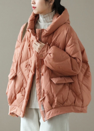 Taillierte Orange Winter-daunenjacke Mit Kapuze Und Reißverschlusstaschen Langärmlig