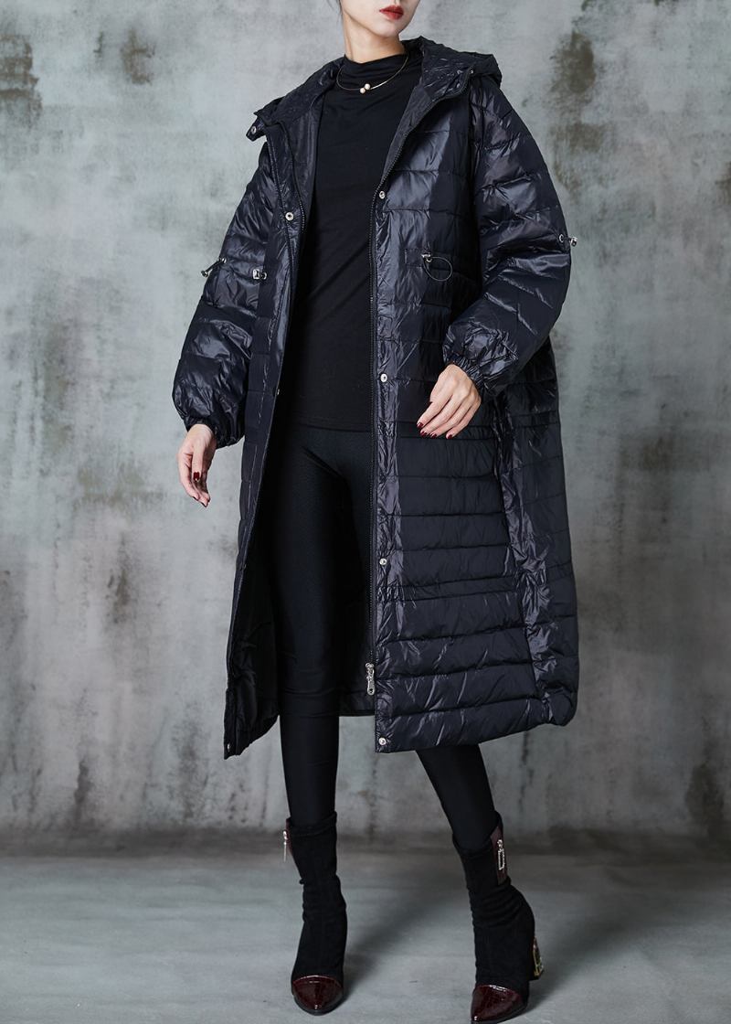 Taillierte Schwarze Patchwork-pufferjacke Mit Kordelzug Für Den Winter - Damen-Daunenjacken