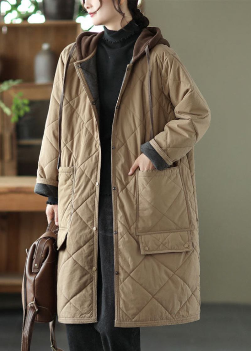 Taillierter Khaki Reißverschluss Plaid Patchwork Kapuzenparka Winter