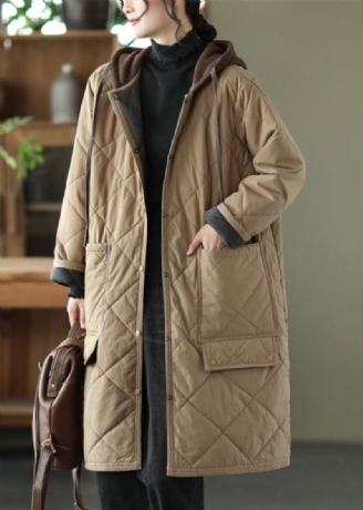 Taillierter Khaki Reißverschluss Plaid Patchwork Kapuzenparka Winter