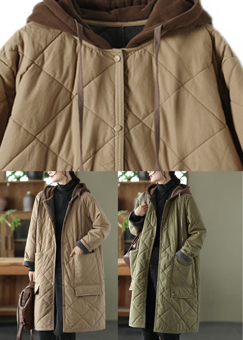 Taillierter Khaki Reißverschluss Plaid Patchwork Kapuzenparka Winter - Khaki