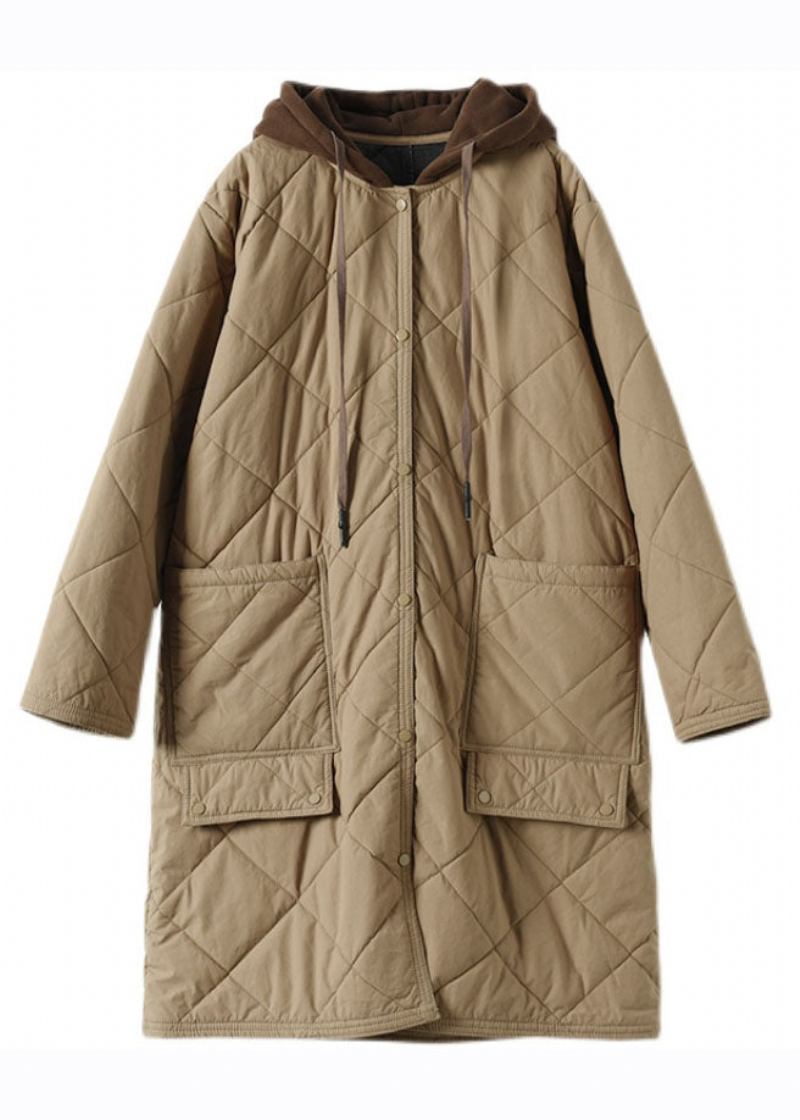 Taillierter Khaki Reißverschluss Plaid Patchwork Kapuzenparka Winter - Khaki