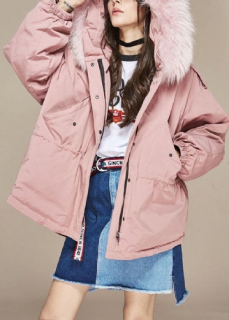 Trendige Rosa Winter-steppjacke Aus Entendaunen Mit Pelzkragen Und Taschen Und Reißverschluss