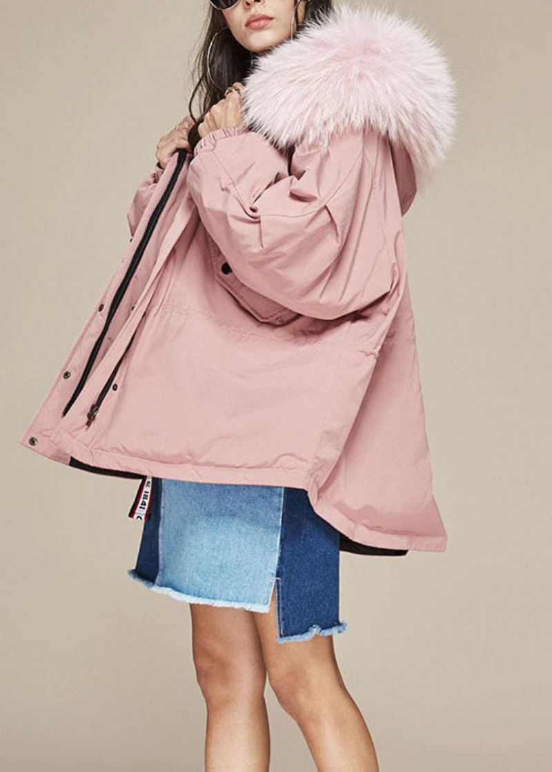 Trendige Rosa Winter-steppjacke Aus Entendaunen Mit Pelzkragen Und Taschen Und Reißverschluss - Armeegrün