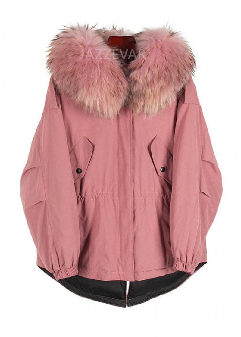 Trendige Rosa Winter-steppjacke Aus Entendaunen Mit Pelzkragen Und Taschen Und Reißverschluss - Armeegrün