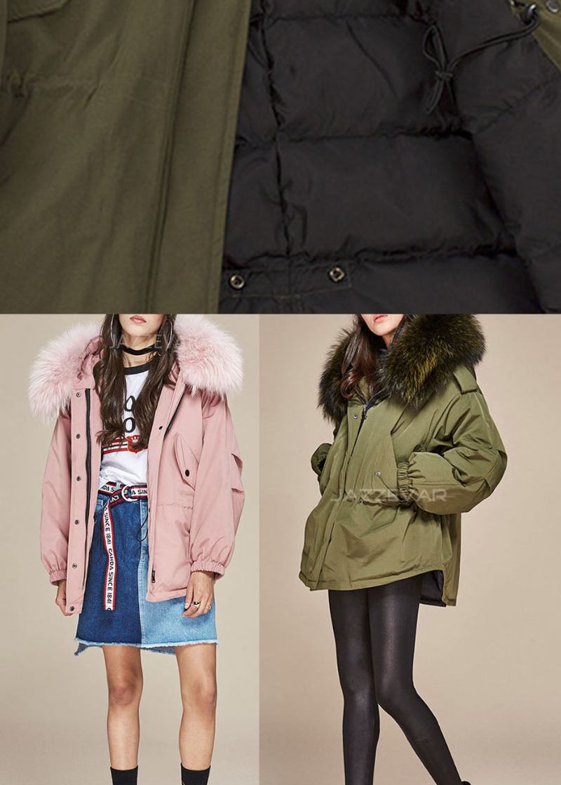 Trendige Rosa Winter-steppjacke Aus Entendaunen Mit Pelzkragen Und Taschen Und Reißverschluss - Armeegrün