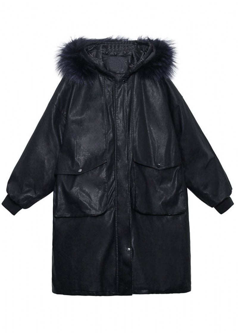 Trendiger Schwarzer Winter-pu-parka Aus Baumwolle Mit Kapuze Und Pelzkragen Taschen Dicker Damenparka - Damen-Daunenjacken