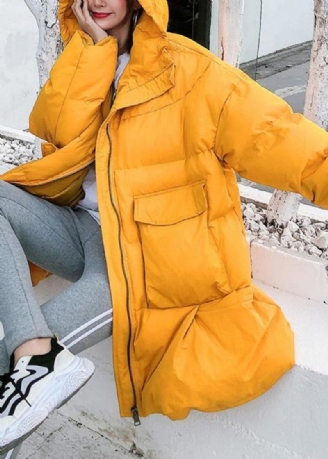 Übergroße Daunenjacke Mit Großen Taschen Winteroberbekleidung Gelbe Mäntel Mit Kapuze Für Damen