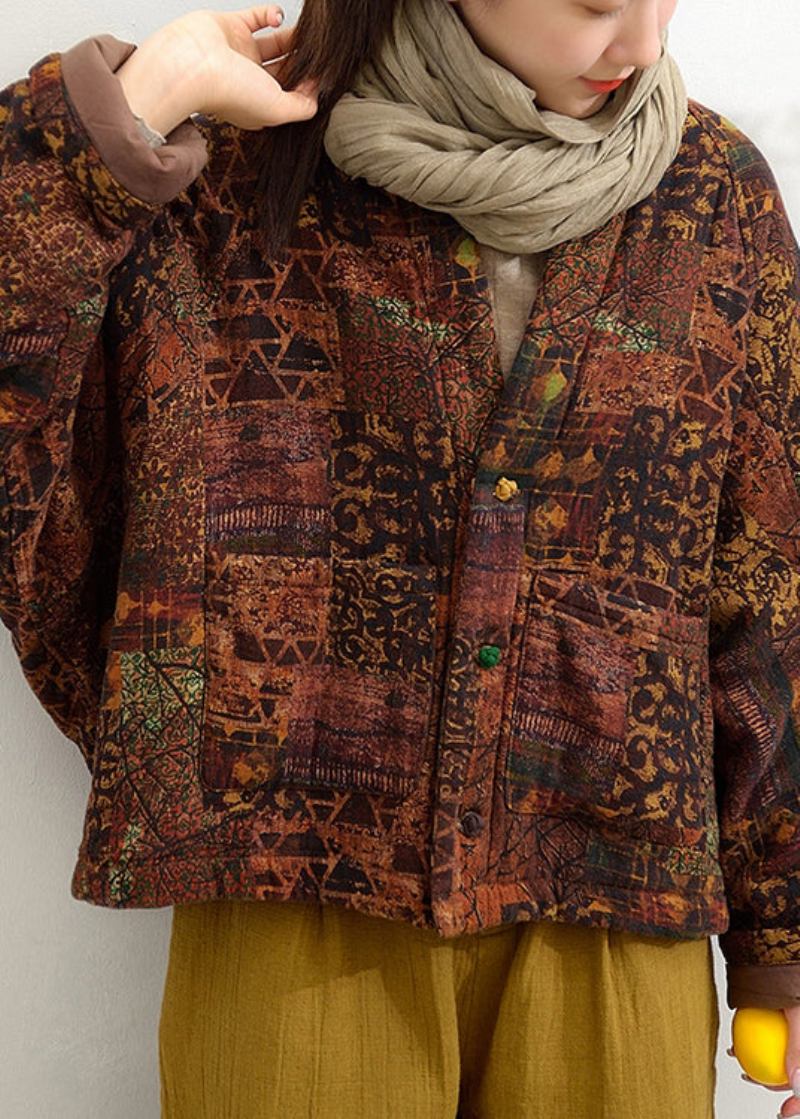 Übergröße-kaffeefarbene Patchwork-jacke Mit Baumwollfüllung Und V-ausschnitt Und Fledermausärmeln - Damen-Daunenjacken