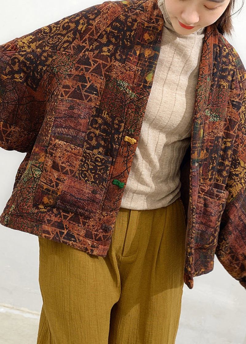 Übergröße-kaffeefarbene Patchwork-jacke Mit Baumwollfüllung Und V-ausschnitt Und Fledermausärmeln - Damen-Daunenjacken