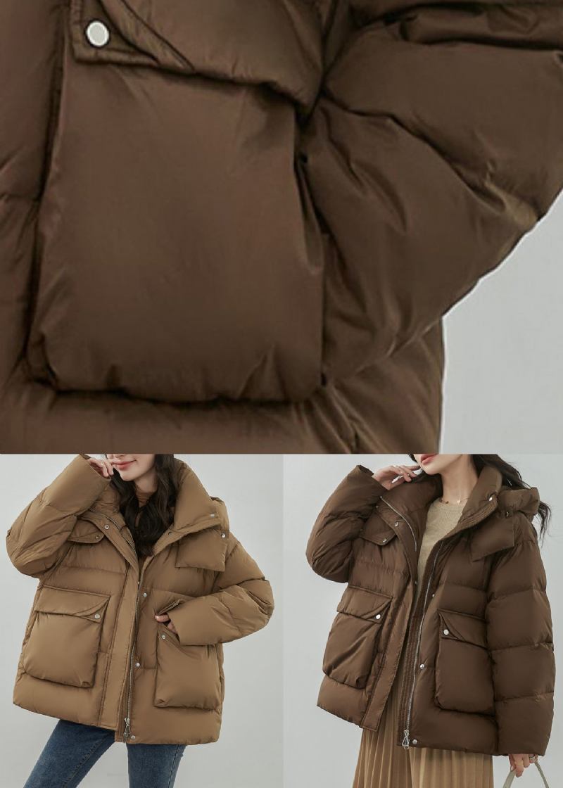 Übergröße Khaki Daunenmantel Mit Kapuze Und Reißverschluss Taschen Für Den Winter - Damen-Daunenjacken