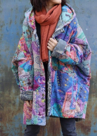 Übergroßer Warmer Wintermantel Mit Patchwork-kapuze Und Aufdruck In Lila