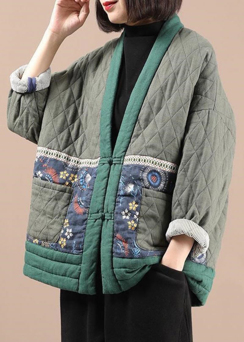 Vintage Grüne V-ausschnitt Taschen Feine Baumwollgefüllte Jacke Winter